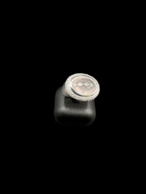 Bague boule or blanc quartz rose et diamants